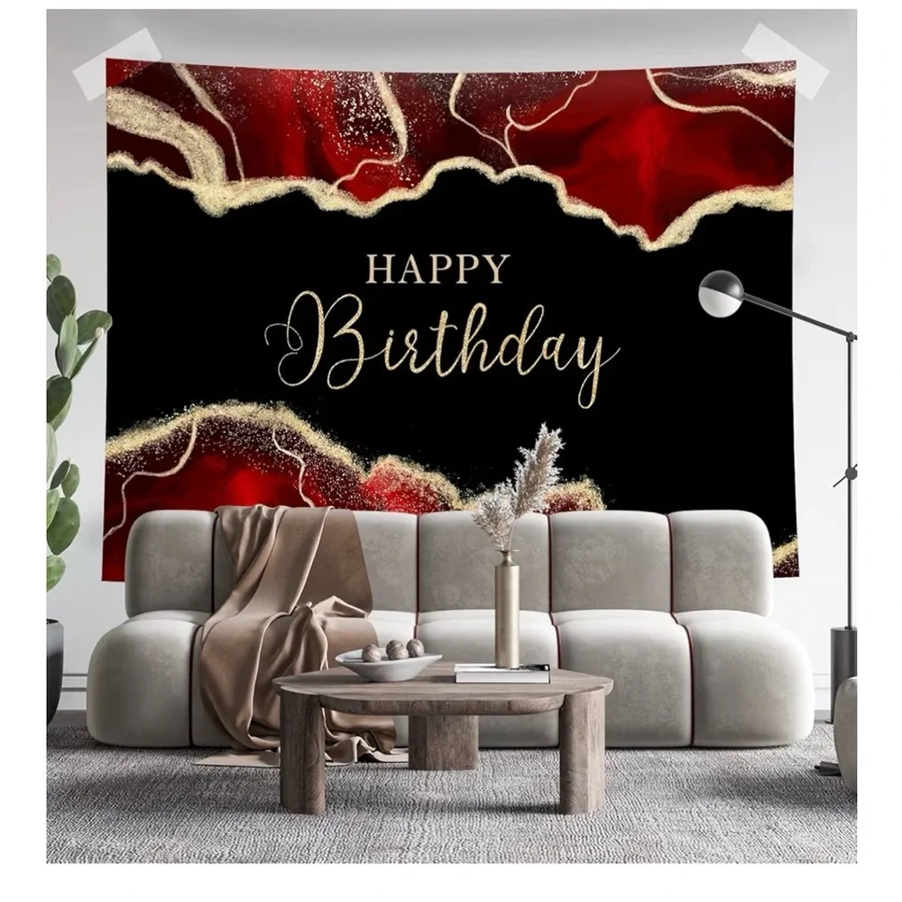 Elegant Red & Black 'Happy Birthday' Backdrop with Gold Accents